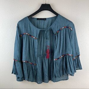 Zara Woman Boho Tiered Open Front Tassle Top Size Medium